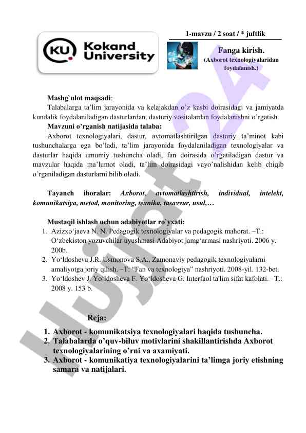 Axborot texnologiyalari va dasturlash fanga kirish