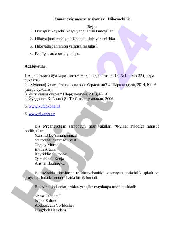 Zamonaviy nasr xususiyatlari va hikoyachilik rejalari