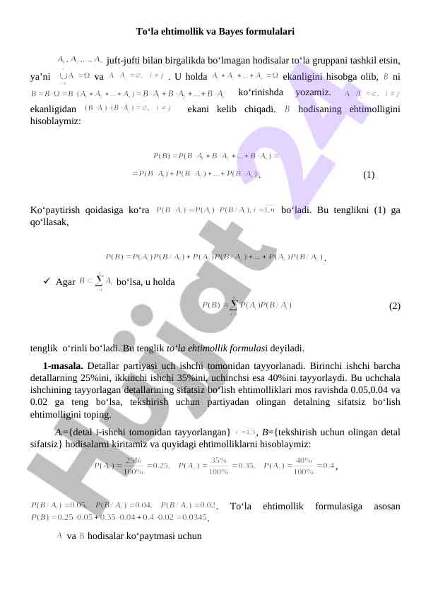 To‘la ehtimollik va bayes formulalari