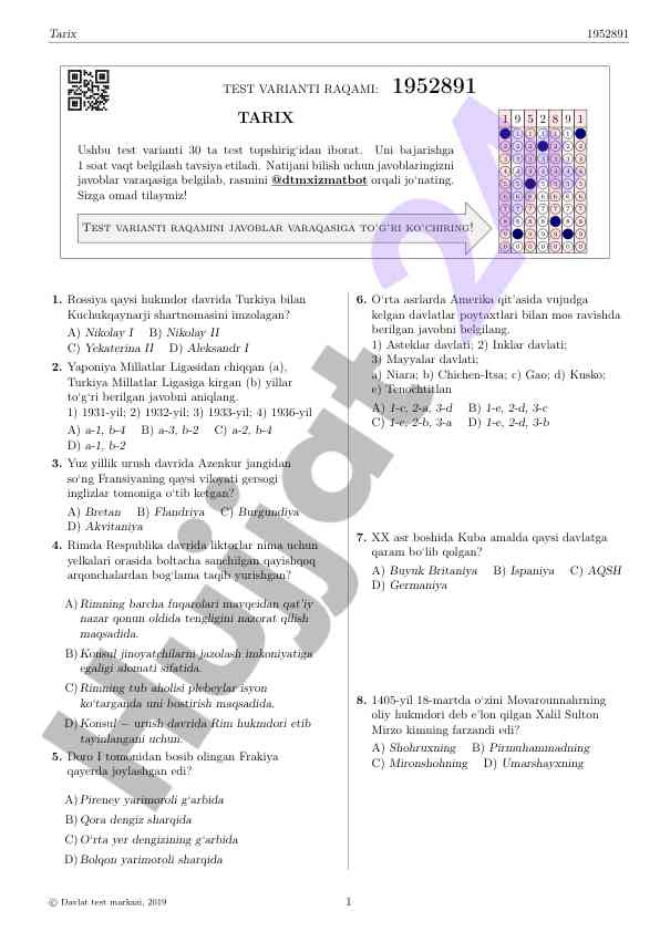 Tarix 1952891 test variantlari savollari