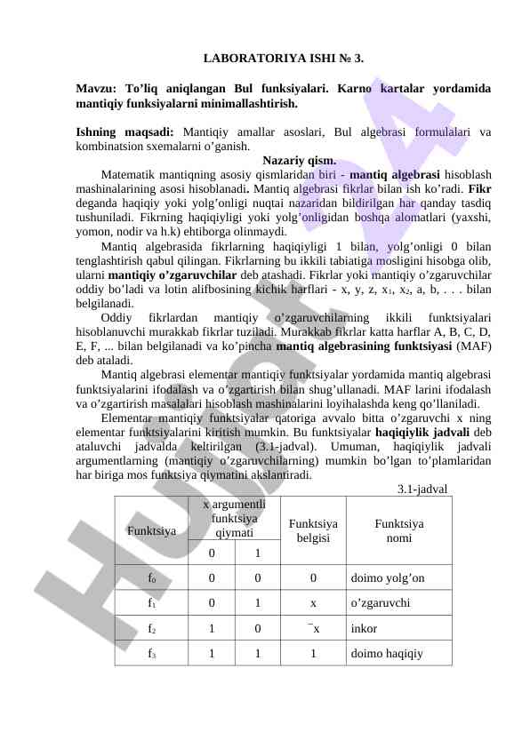 To’liq aniqlangan bul funktsiyalari va karno kartalar