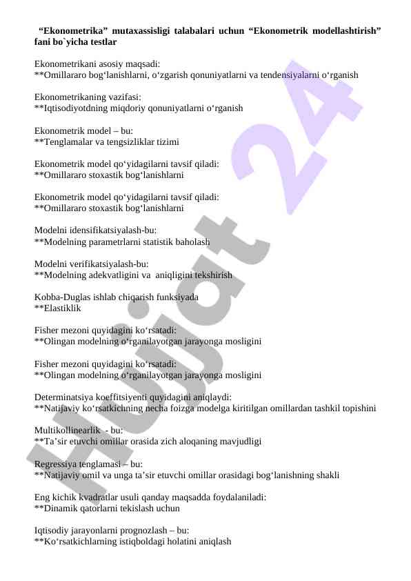Ekonometrik modellashtirish fani bo'yicha testlar