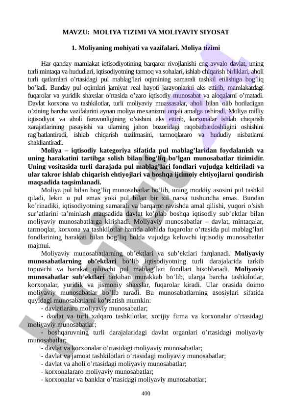 Moliya tizimi va moliya siyosati haqida tahlil