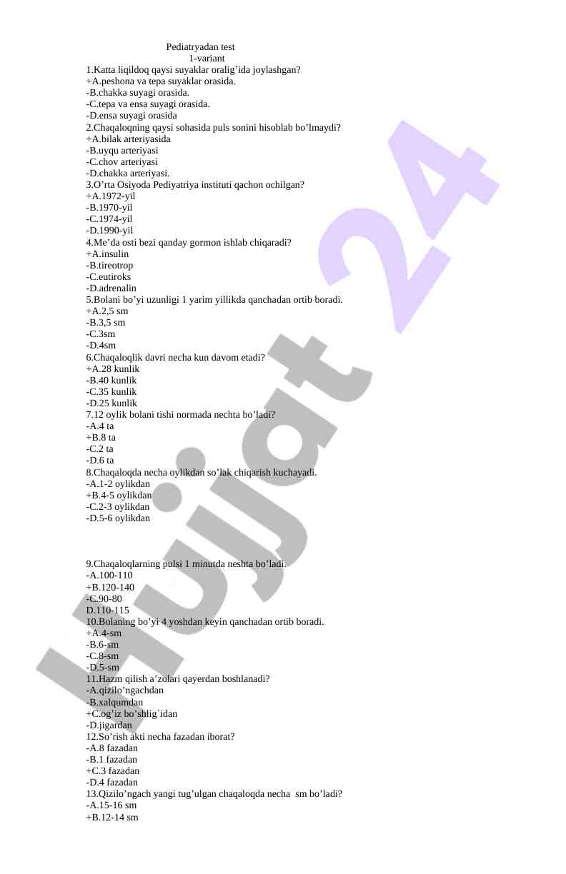Pediatryadan test savollari 1-variant