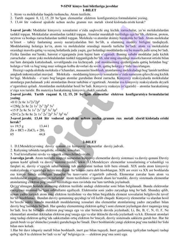 9-sinf kimyo fani biletlariga javoblar