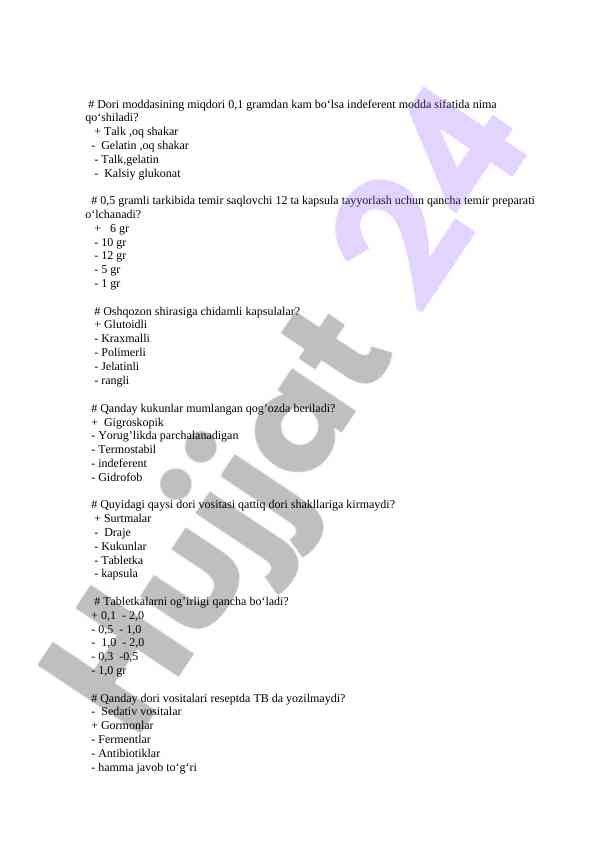 Dori vositalari haqida test savollari