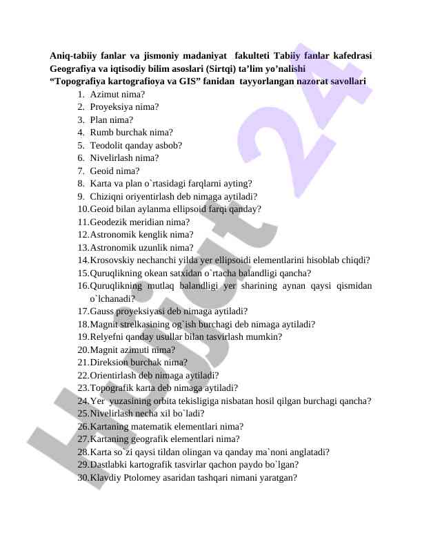 Geografiya va iqtisodiy bilim asoslari nazorat savollari