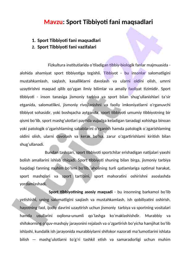 Sport tibbiyoti fani maqsadlari va vazifalari
