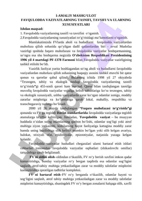 Favqulodda vaziyatlarning tasnifi va tavsifi