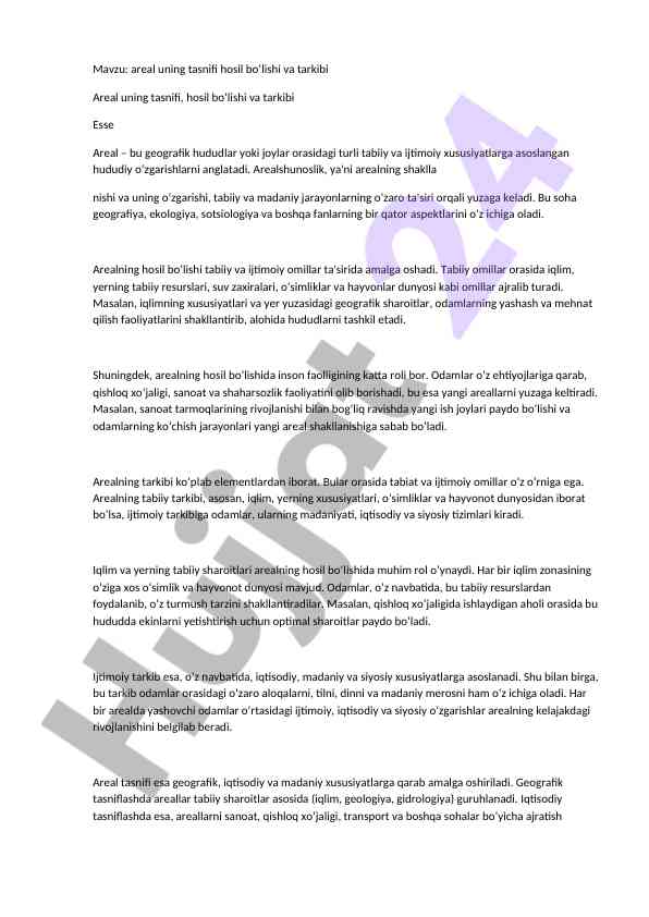 Arealning tasnifi hosil bo'lishi va tarkibi