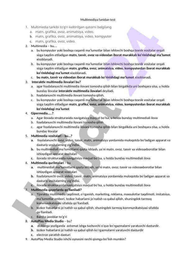 Multimedia fanidan test savollari va javoblari