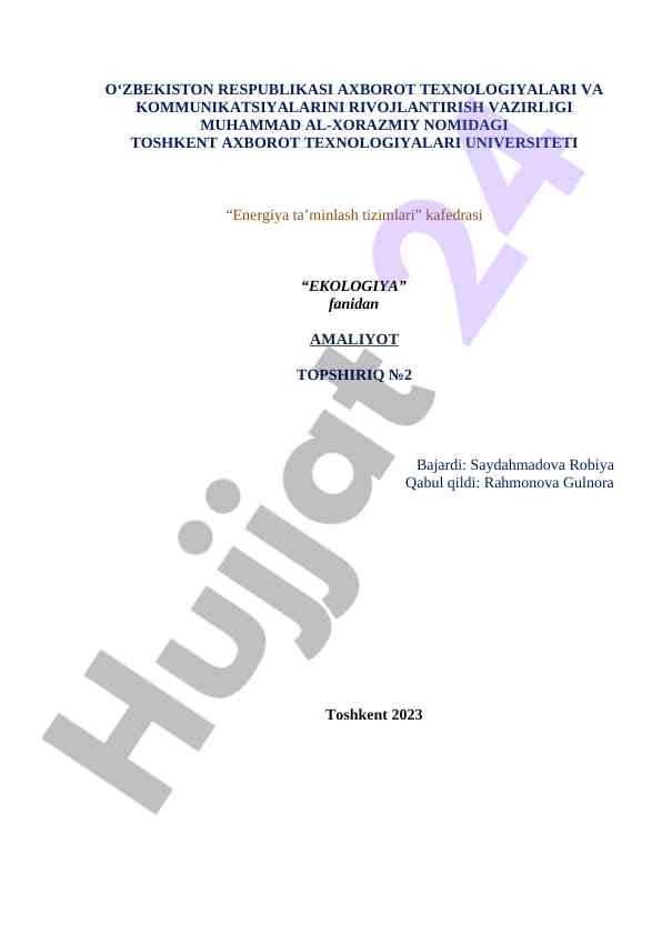 Ekologiya fanidan amaliyot topshiriq №2