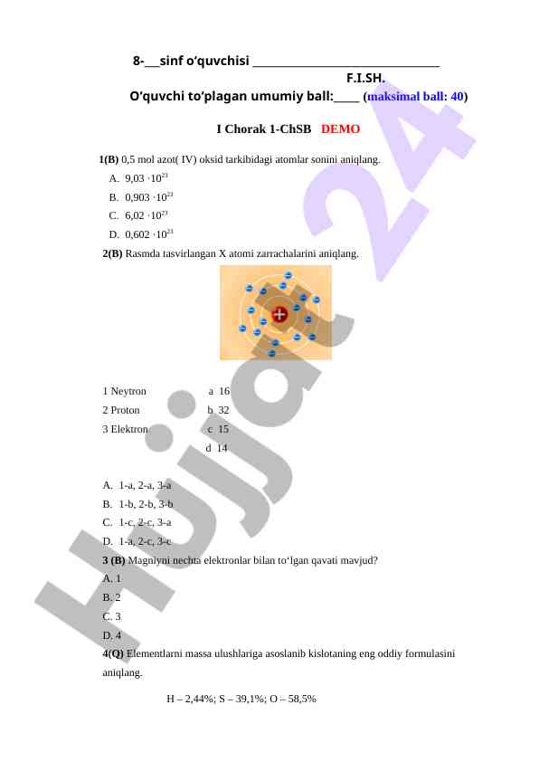 Kimyo test savollari va javoblari