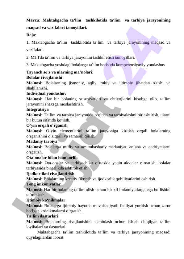 Maktabgacha ta‘lim tashkilotida ta‘lim tamoyillari