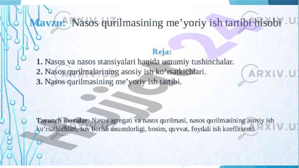Suv manbalari va nasos stansiyalari tahlili