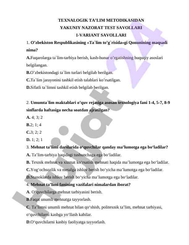Texnologik ta'lim metodikasi test savollari 1-variant