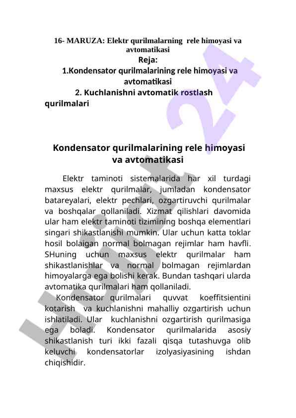 Kondensator qurilmalarining rele himoyasi va avtomatikasi