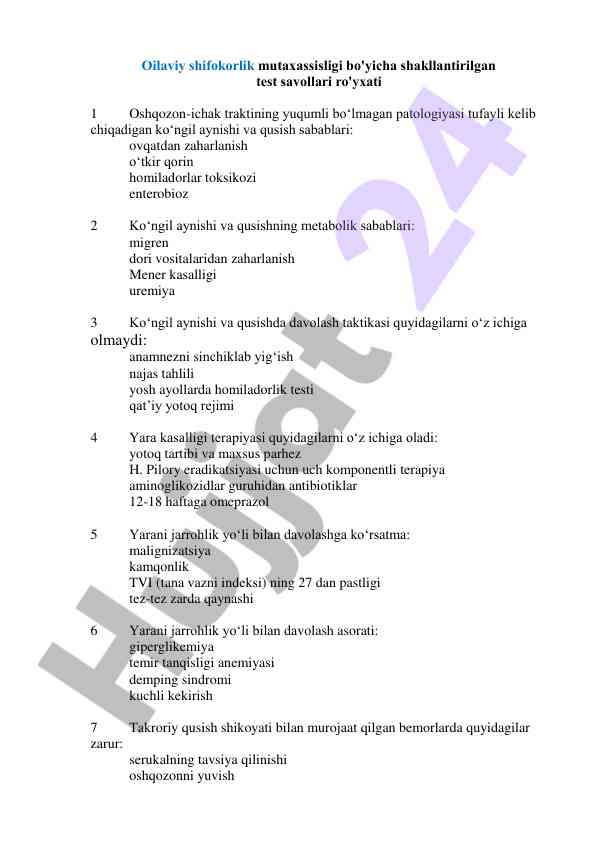 Oshqozon-ichak traktining patologiyasi test savollari