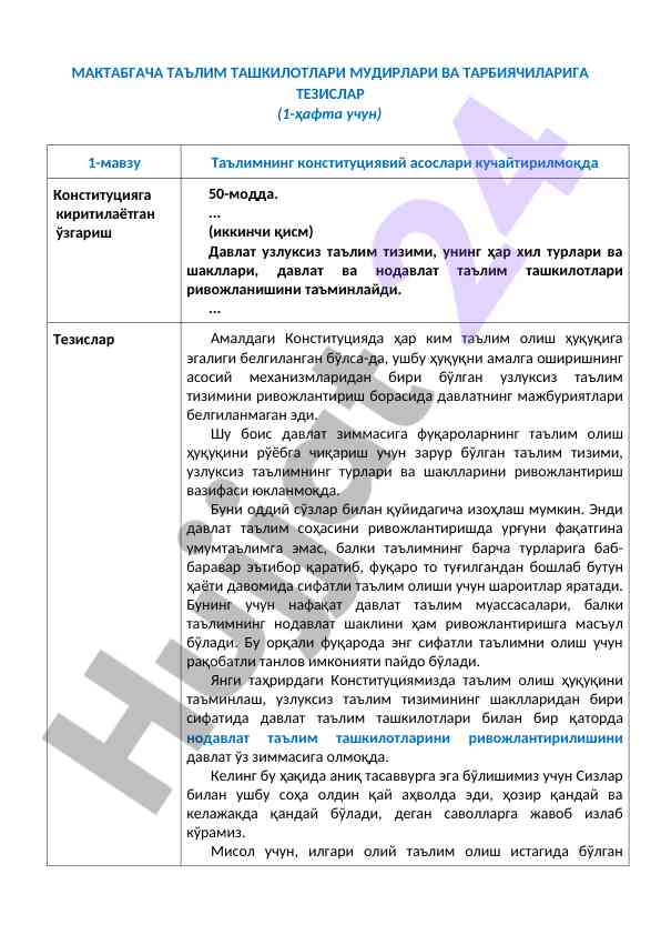 Таълим ташкилотлари мудирлари ва тарбиячилари тезислари