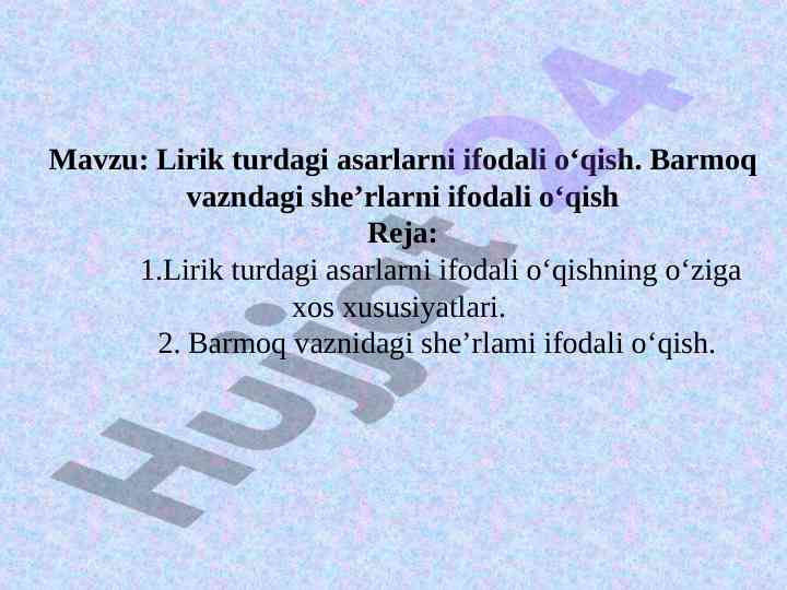 Lirik turdagi asarlarni ifodali o'qish yozuvi