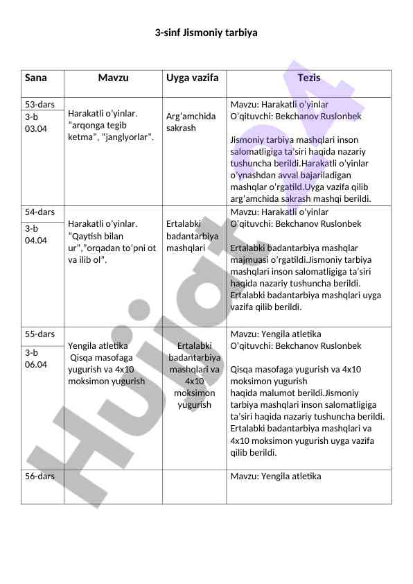 3-sinf jismoniy tarbiya dars ishlanmalari