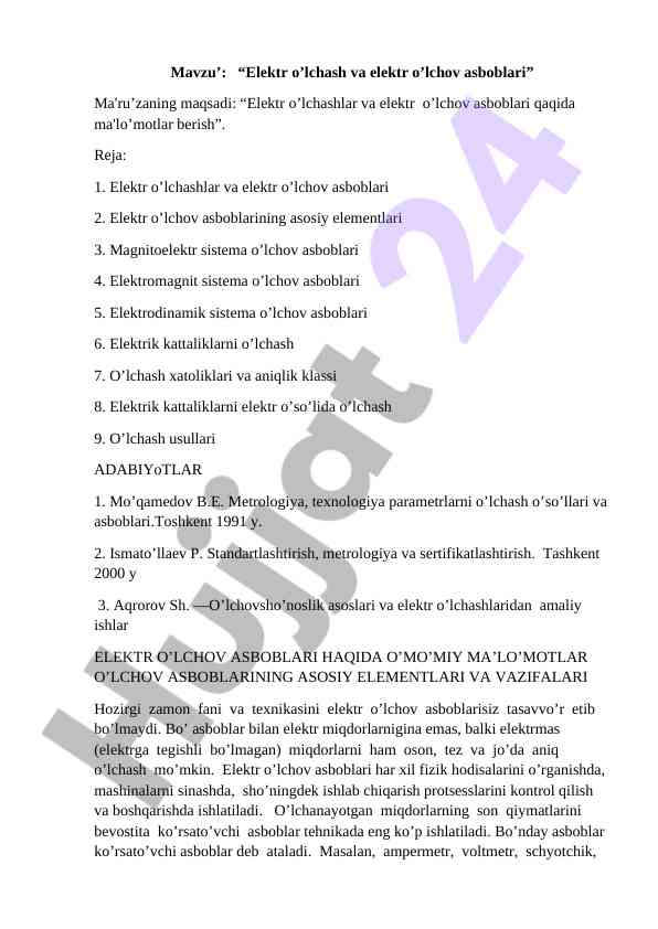 Elektr o’lchash va elektr o’lchov asboblari