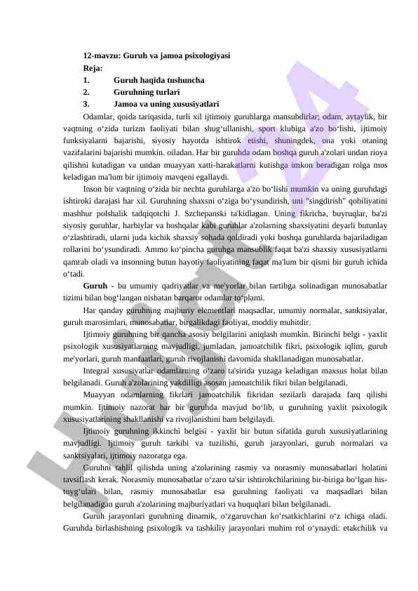 Guruh va jamoa psixologiyasi mavzusi