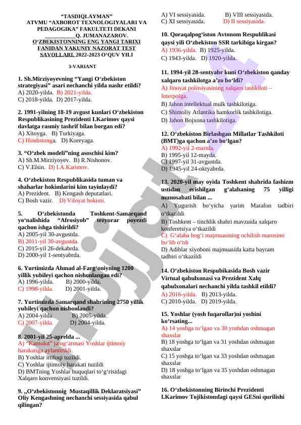 O‘zbekiston tarixi bo‘yicha test savollari