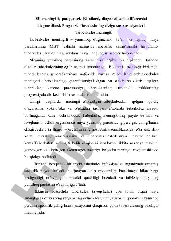 Tuberkulez meningitining klinikasi va davolashi
