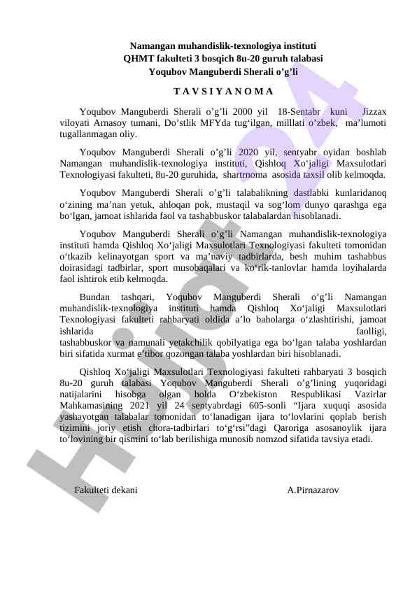 Talaba tavsiyanoma tafsilotlari