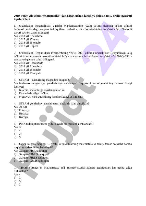 Matematika testlari: kirish va chiqish savollari