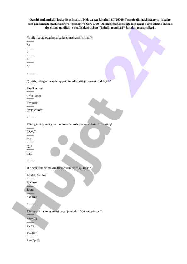 Issiqlik texnikasi test savollari