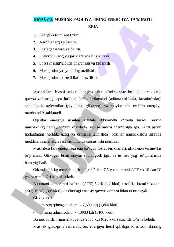 Mushak faoliyatining energiya ta’minoti tahlili