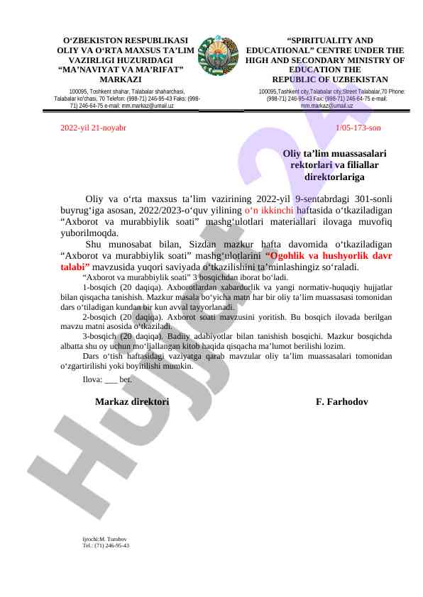 Axborot va murabbiylik soati mashg'ulotlari materiallari