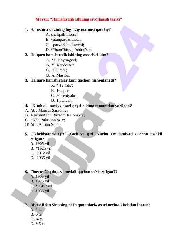 Hamshiralik ishining rivojlanish tarixi testi