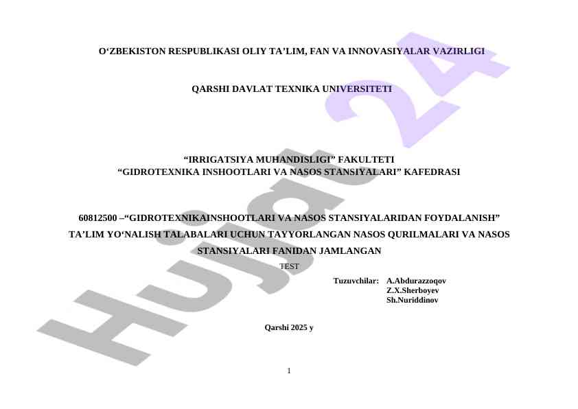 Nasos qurilmalari va nasos stansiyalari fanidan test