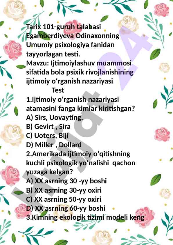 Ijtimoiylashuv muammosi bo'yicha test savollari
