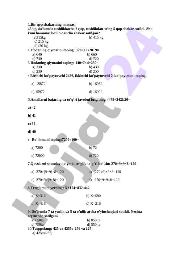 Matematik amallar bilan test savollari
