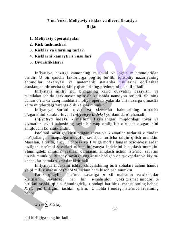 Moliyaviy risklar va diversifikatsiya tahlili