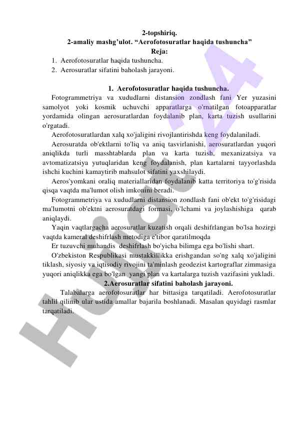 Aerofotosuratlar haqida tushuncha dars rejasi