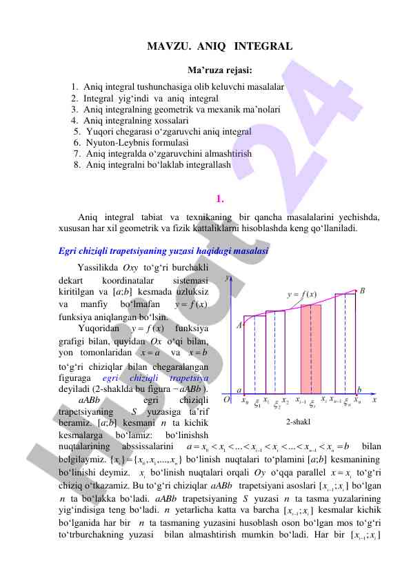 Aniq integral tushunchasi va amaliy masalalar