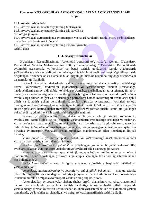 Avtovokzallar va avtostansiyalar tushunchalari