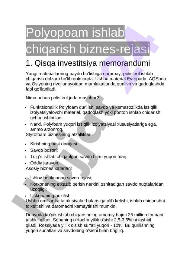 Polyfoam ishlab chiqarish biznes rejasi