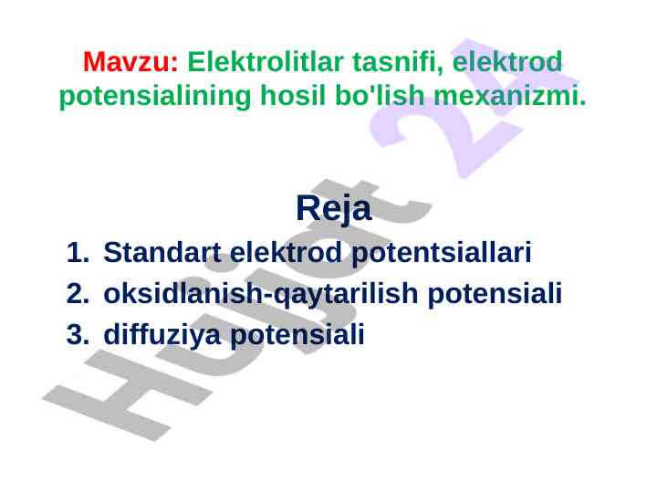 Elektrolitlar tasnifi va potensial mexanizmi