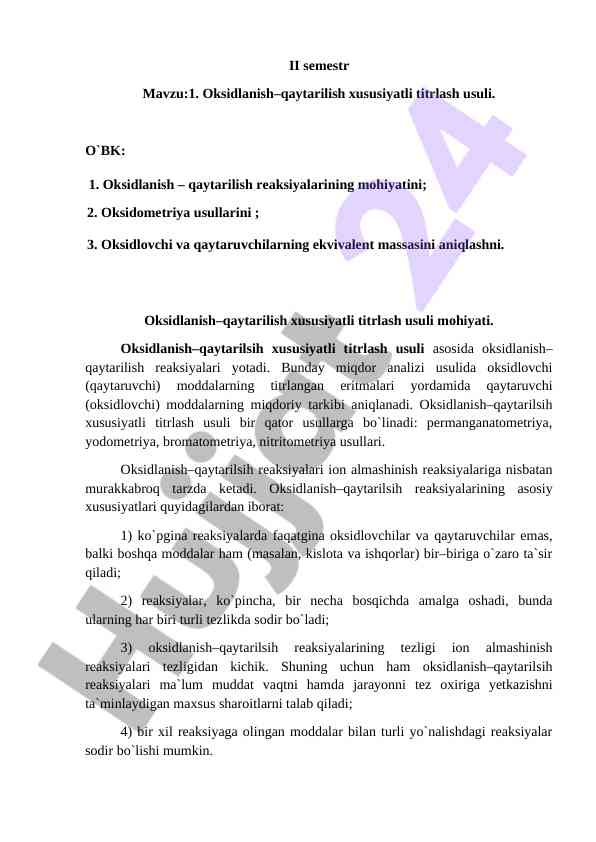 Oksidlanish qaytarilish xususiyatli titrash usuli