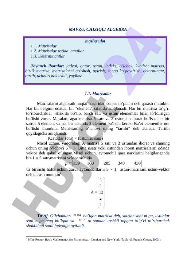 Chiziqli algebra matrisalar haqida ta'lim