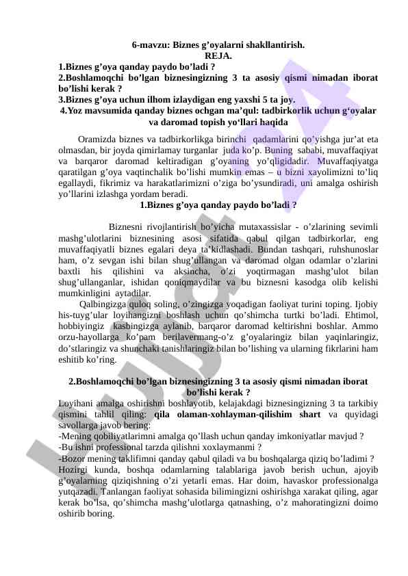 Biznes g’oyalarni shakllantirish asoslari