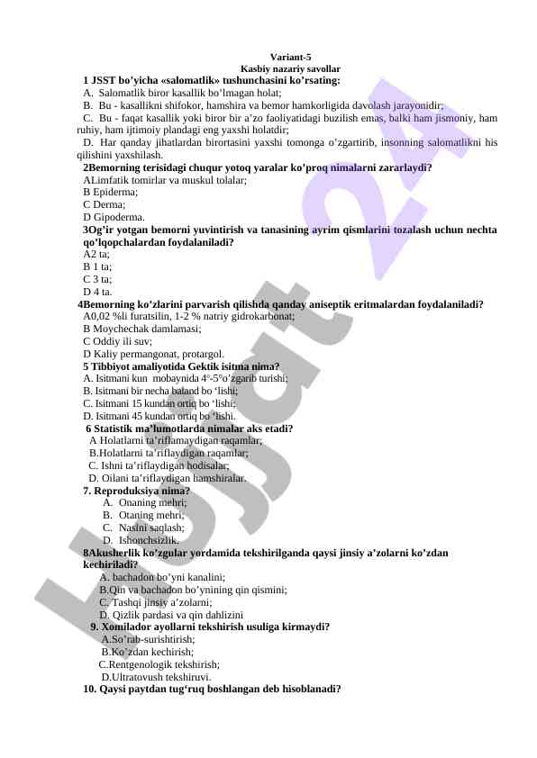 Kasbiy nazariy savollar va salomatlik tushunchasi