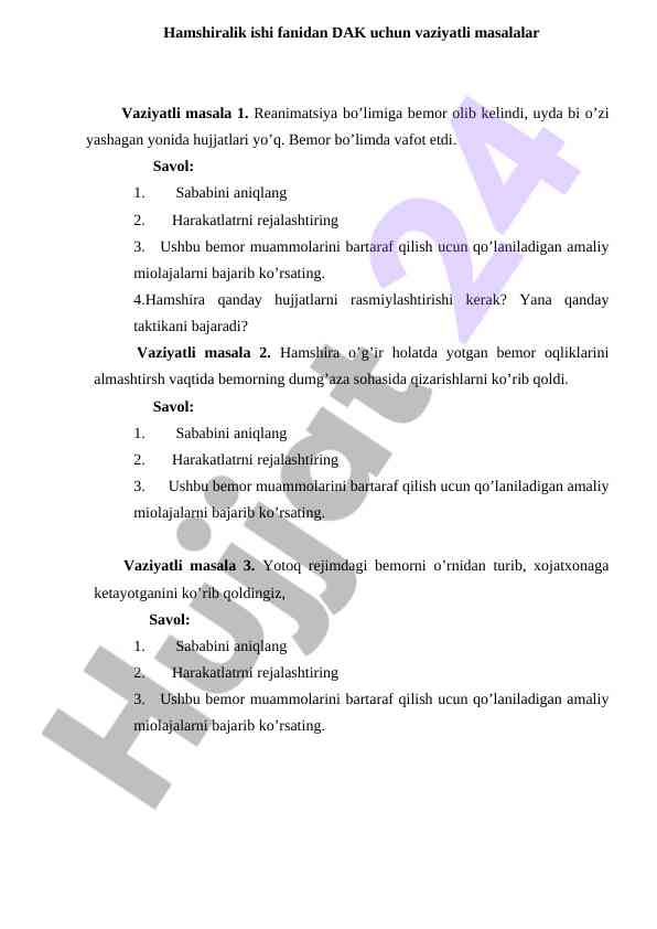 Hamshiralik ishida vaziyatli masalalar tahlili