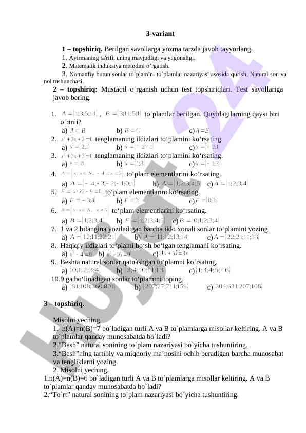 Matematik Induksiya Va To'plamlar Nazariyasi